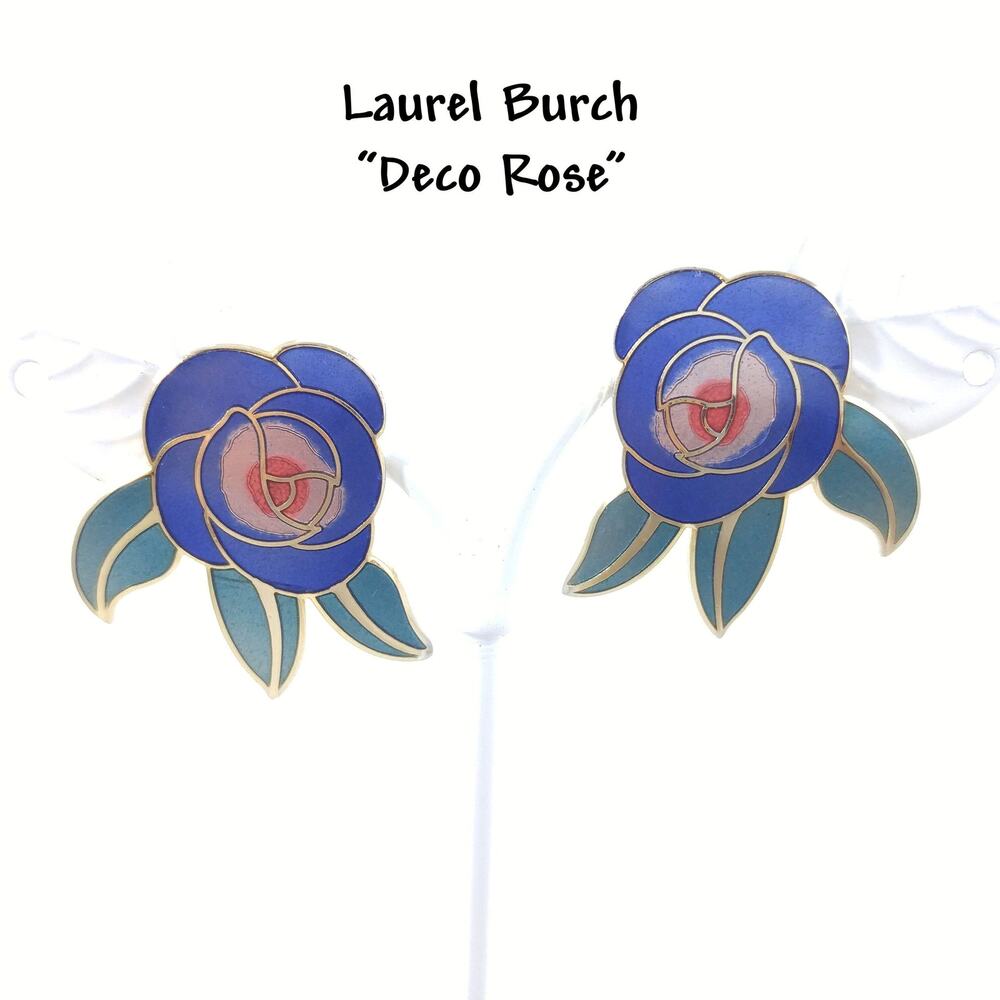 Vintage Laurel Burch Blue "Deco Rose" Post Earrings, 1980s Vintage Jewelry